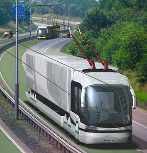 Trolleybus en trolleytruck op snelweg