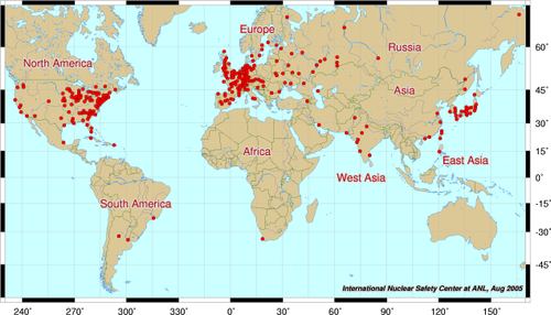 Wereldkaart nucleaire reactors